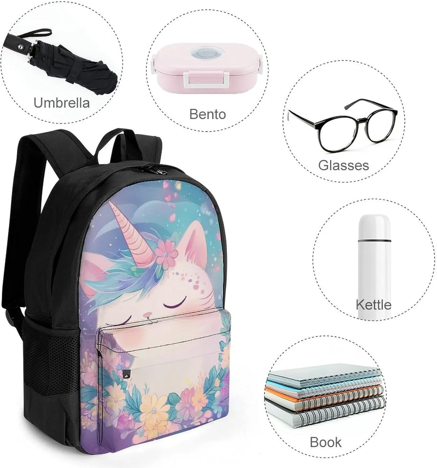Cute Unicorns Cat With Floral Wreath Rucksacks Polyester Anti-Theft Multipurpose Carry On Bag Large Capacity Gym Outdoor Hiking Backpack With Smooth Zippers