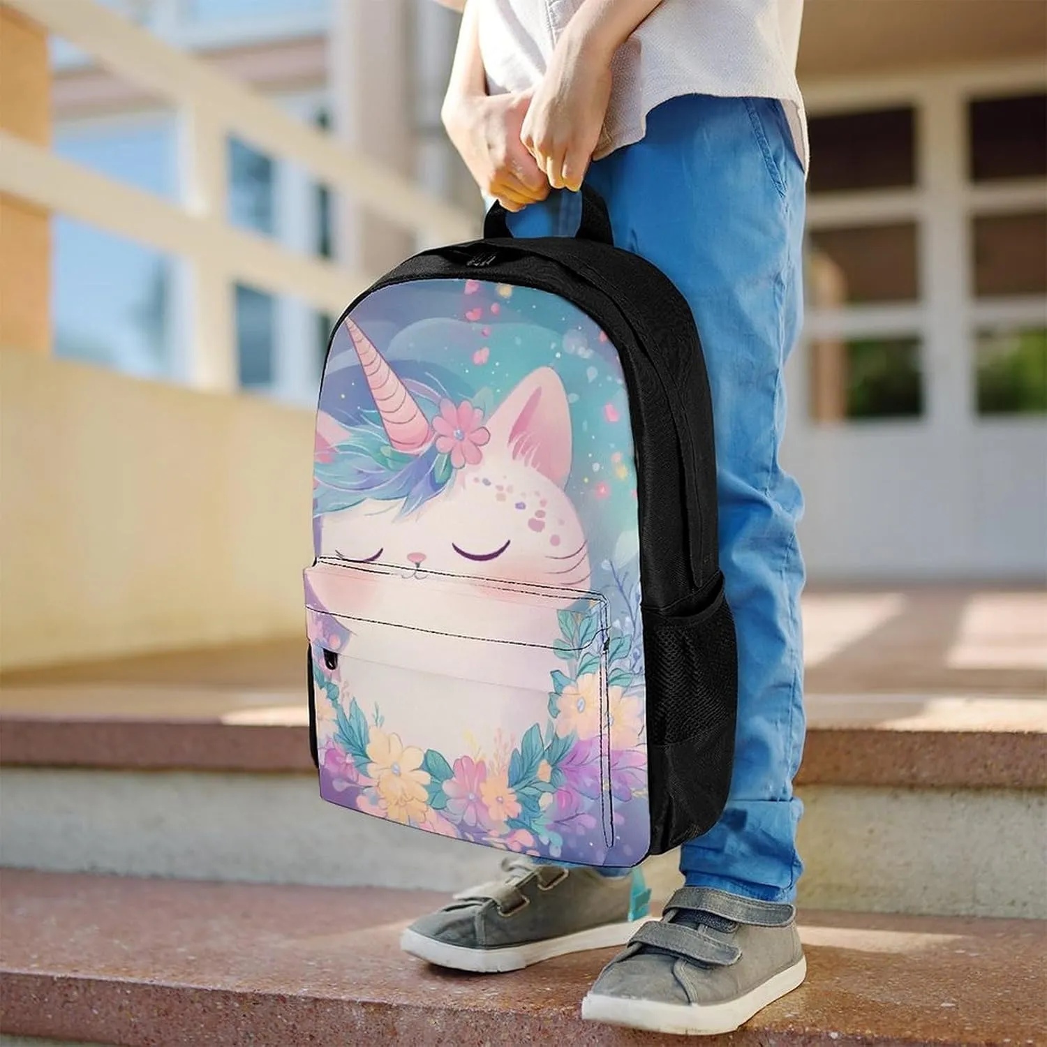 Cute Unicorns Cat With Floral Wreath Rucksacks Polyester Anti-Theft Multipurpose Carry On Bag Large Capacity Gym Outdoor Hiking Backpack With Smooth Zippers