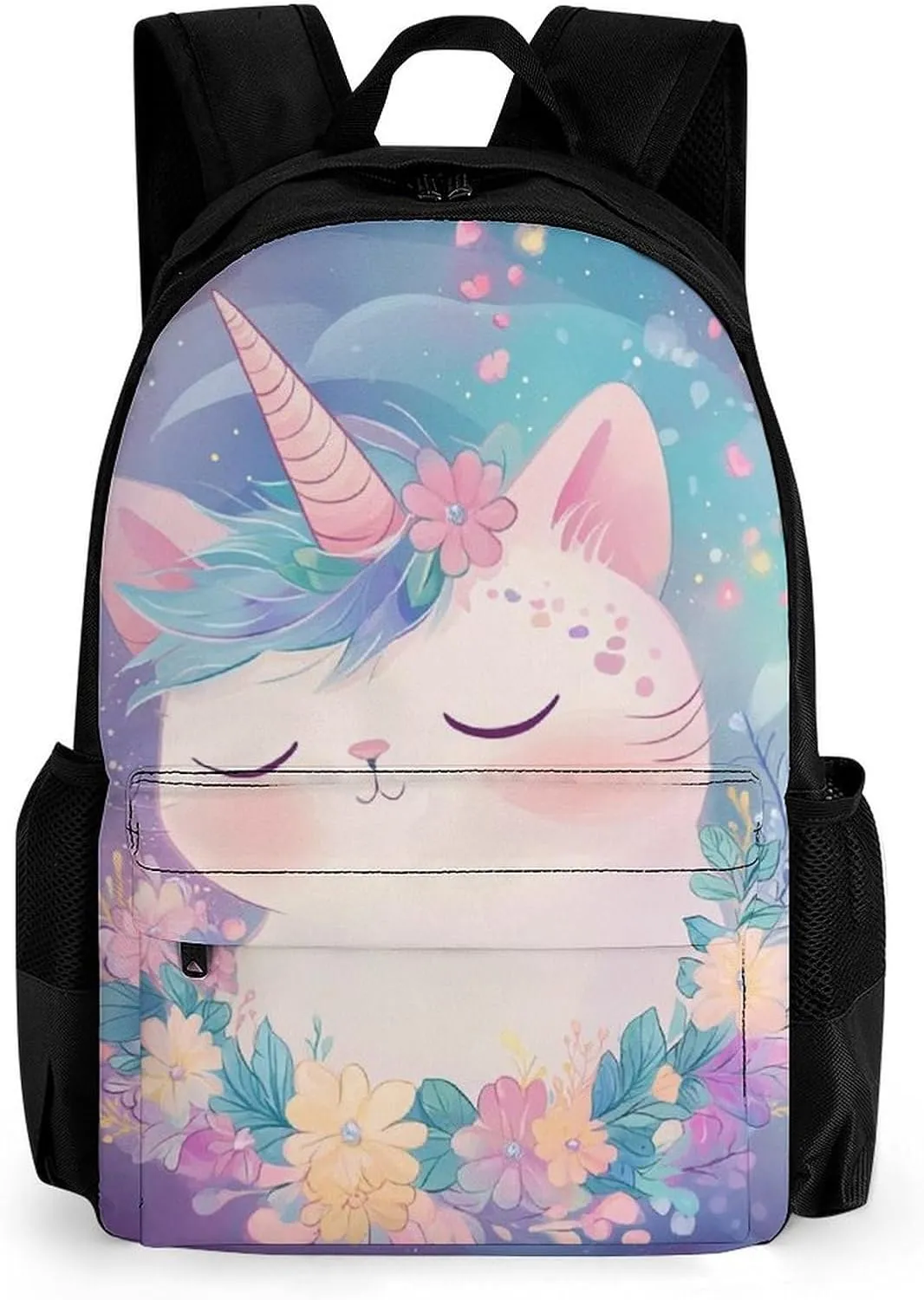 Cute Unicorns Cat With Floral Wreath Rucksacks Polyester Anti-Theft Multipurpose Carry On Bag Large Capacity Gym Outdoor Hiking Backpack With Smooth Zippers