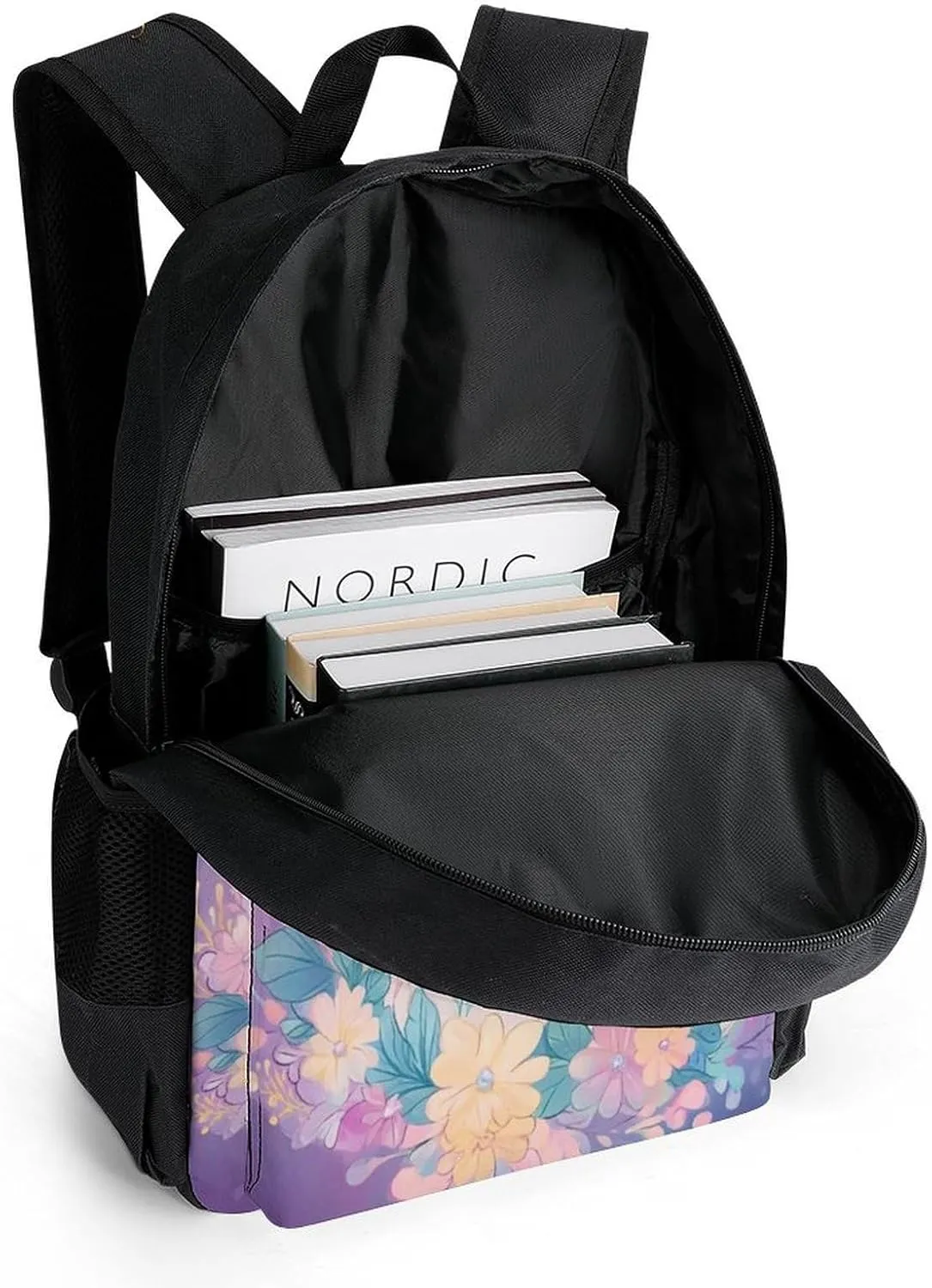 Cute Unicorns Cat With Floral Wreath Rucksacks Polyester Anti-Theft Multipurpose Carry On Bag Large Capacity Gym Outdoor Hiking Backpack With Smooth Zippers