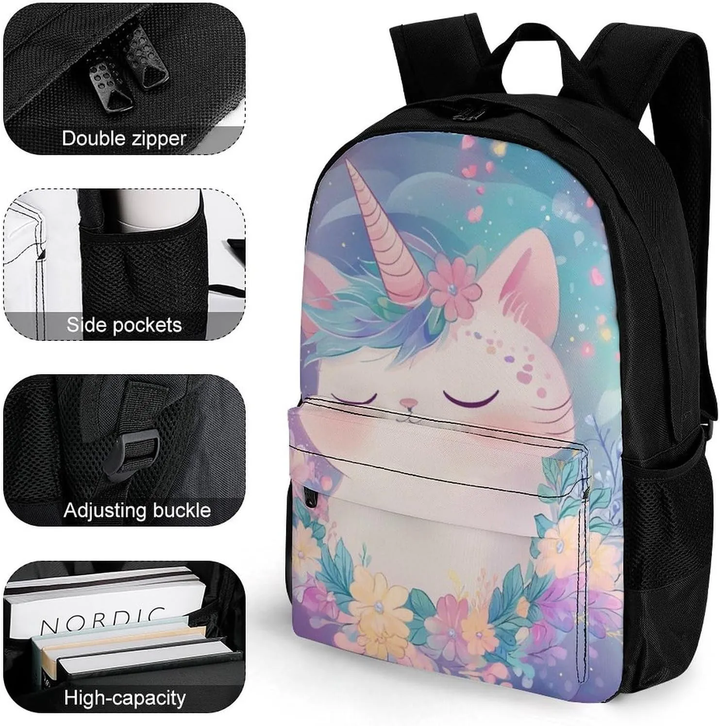 Cute Unicorns Cat With Floral Wreath Rucksacks Polyester Anti-Theft Multipurpose Carry On Bag Large Capacity Gym Outdoor Hiking Backpack With Smooth Zippers