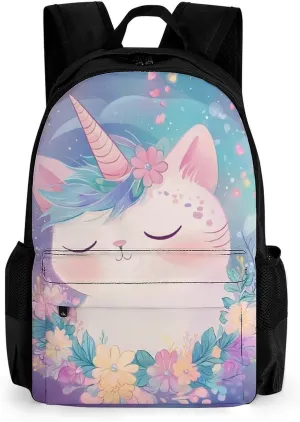 Cute Unicorns Cat With Floral Wreath Rucksacks Polyester Anti-Theft Multipurpose Carry On Bag Large Capacity Gym Outdoor Hiking Backpack With Smooth Zippers