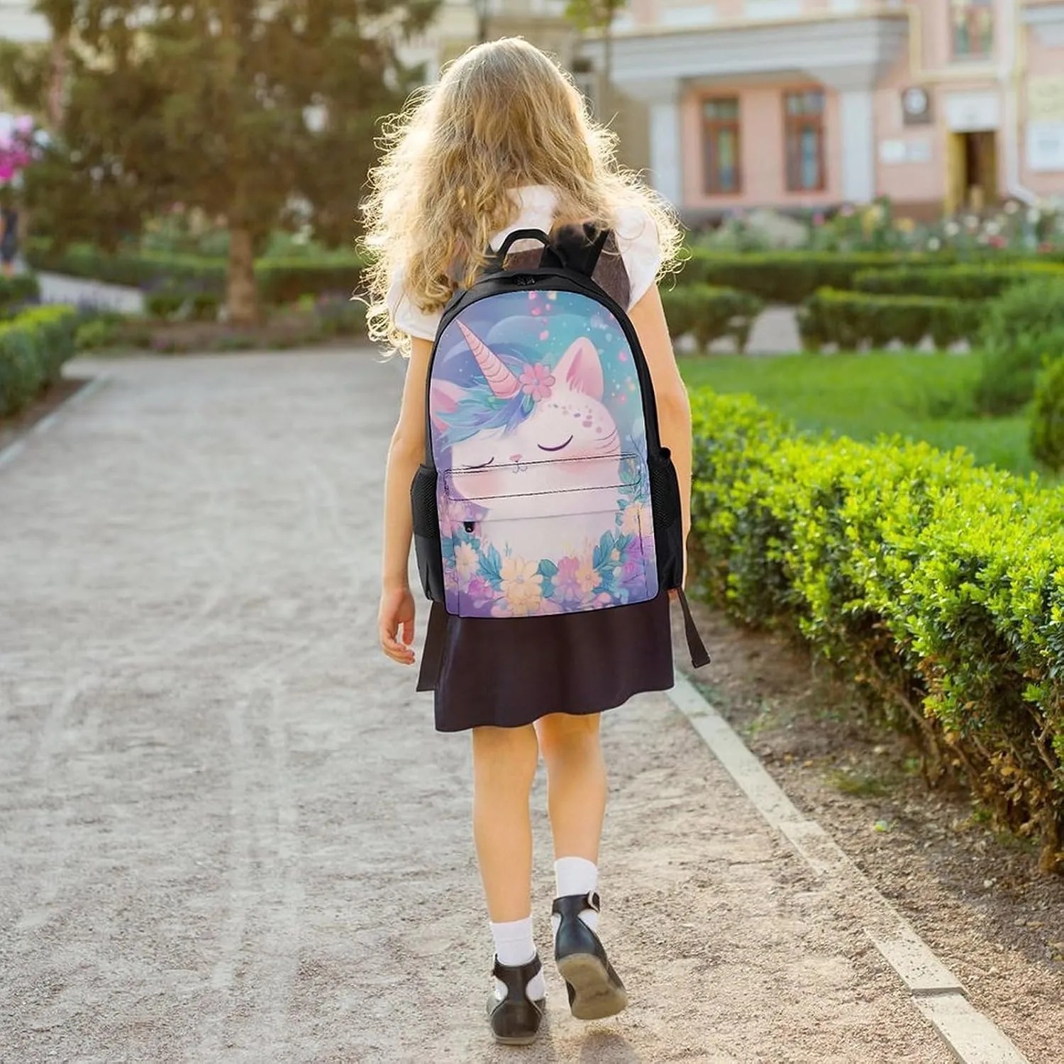 Cute Unicorns Cat With Floral Wreath Rucksacks Polyester Anti-Theft Multipurpose Carry On Bag Large Capacity Gym Outdoor Hiking Backpack With Smooth Zippers