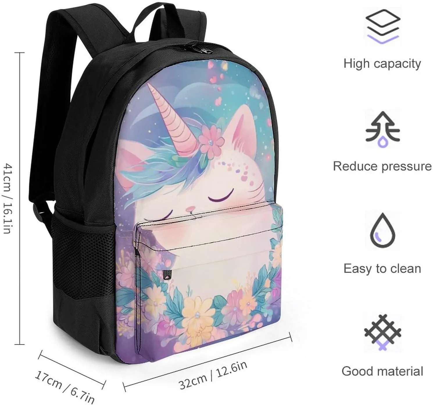 Cute Unicorns Cat With Floral Wreath Rucksacks Polyester Anti-Theft Multipurpose Carry On Bag Large Capacity Gym Outdoor Hiking Backpack With Smooth Zippers