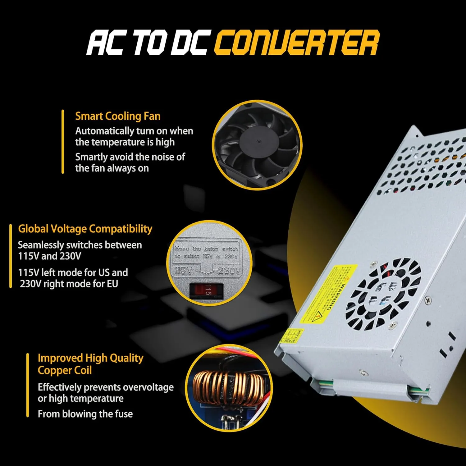 DC 36V 13A 480W Power Supply AC to DC Converter 110V to 36V Power Adapter 36V Transformer Designed for LED Light Car Stereo Automotive Electronics Industrial Equipment (36V-13A-480W, 36V)
