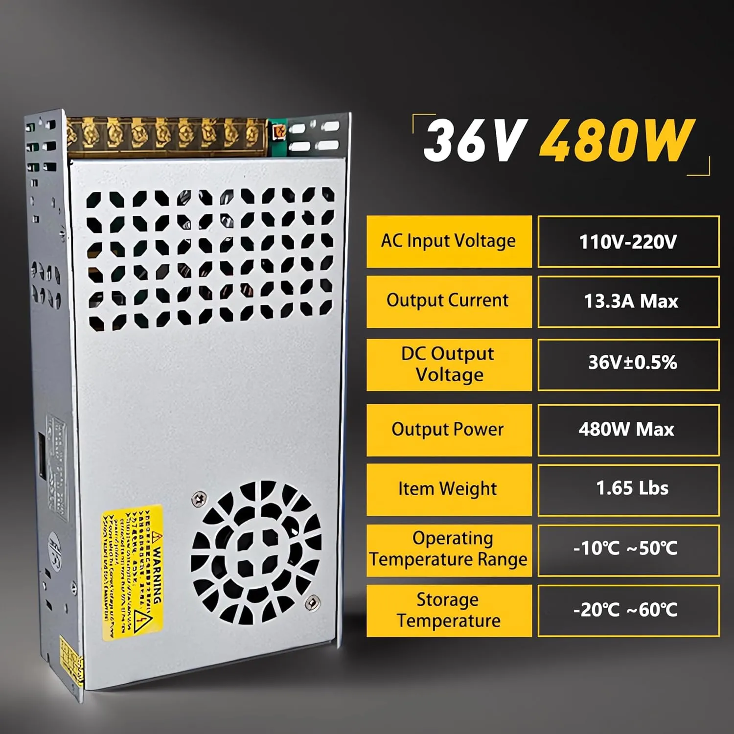 DC 36V 13A 480W Power Supply AC to DC Converter 110V to 36V Power Adapter 36V Transformer Designed for LED Light Car Stereo Automotive Electronics Industrial Equipment (36V-13A-480W, 36V)
