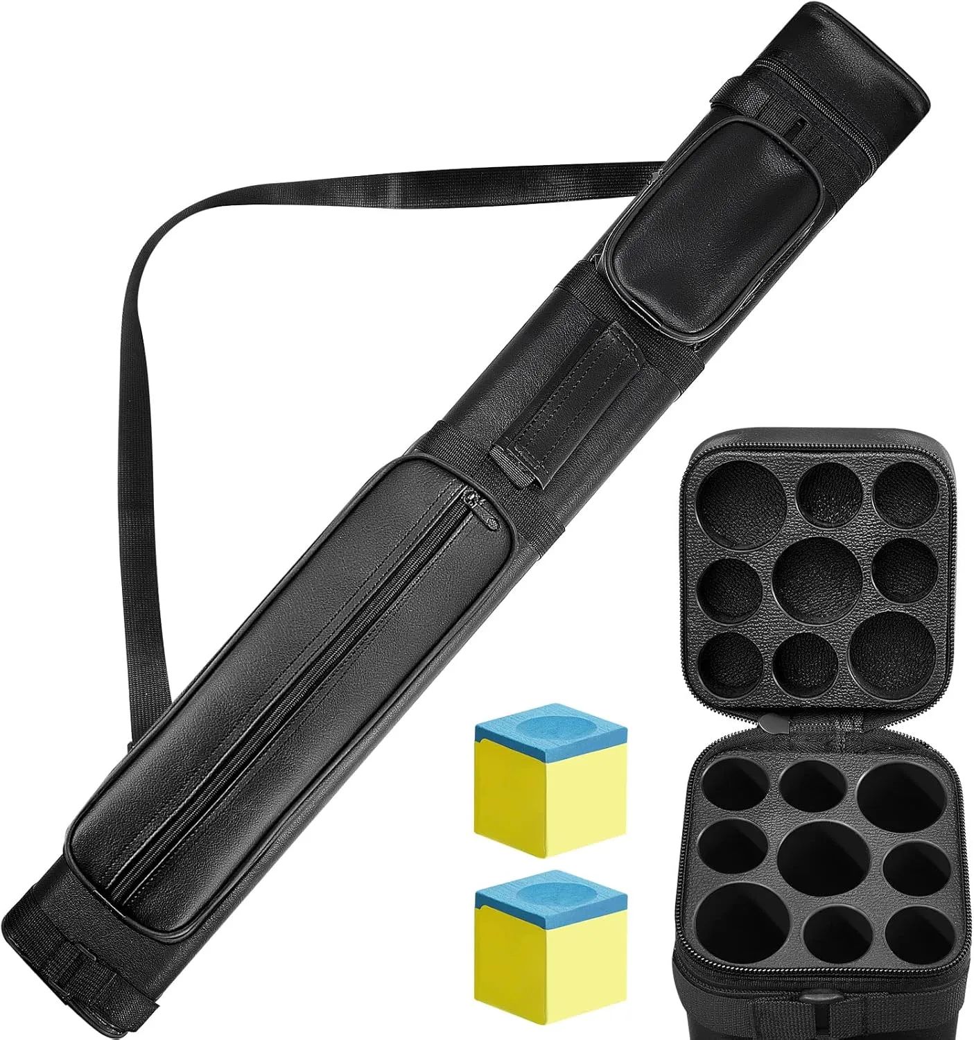 Deekin 3 x 6 Pool Stick Case Hard Billiard Cue Carrying Storage Pouch Table Accessories 9 Holes PU Bags with 2 Pieces Chalk Cubes