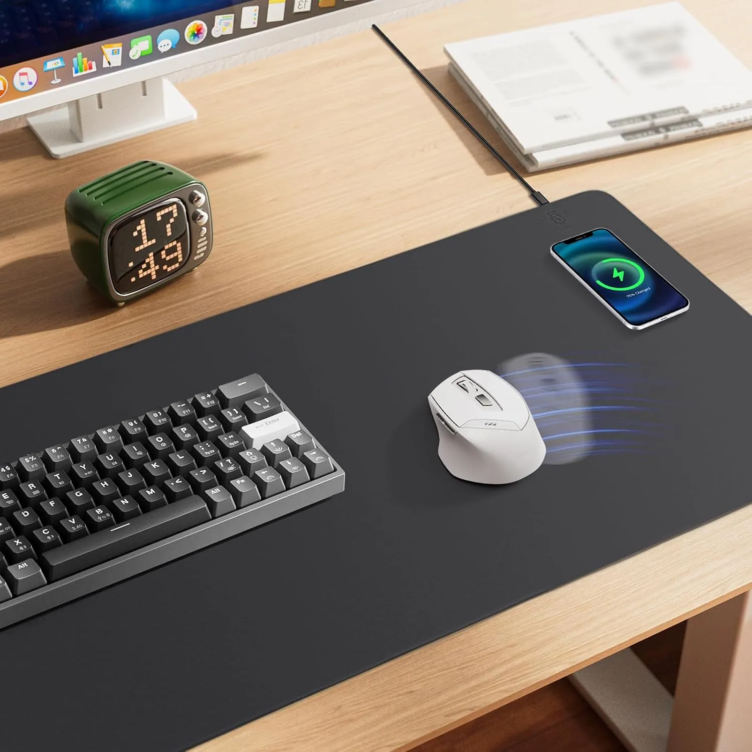 Desk Mat with Wireless Charger, PU Leather Fast Charging Gaming Mouse Pad, Waterproof Anti-Slip Surface, Easy Clean Office Table Mat, 32L x 16W x 0.15H inches, Black(Right Side Charging Port)