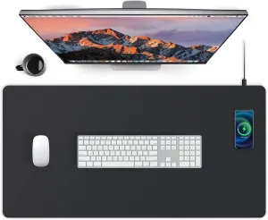 Desk Mat with Wireless Charger, PU Leather Fast Charging Gaming Mouse Pad, Waterproof Anti-Slip Surface, Easy Clean Office Table Mat, 32L x 16W x 0.15H inches, Black(Right Side Charging Port)