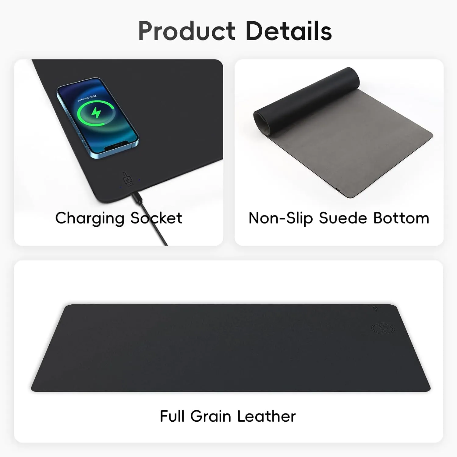 Desk Mat with Wireless Charger, PU Leather Fast Charging Gaming Mouse Pad, Waterproof Anti-Slip Surface, Easy Clean Office Table Mat, 32L x 16W x 0.15H inches, Black(Right Side Charging Port)