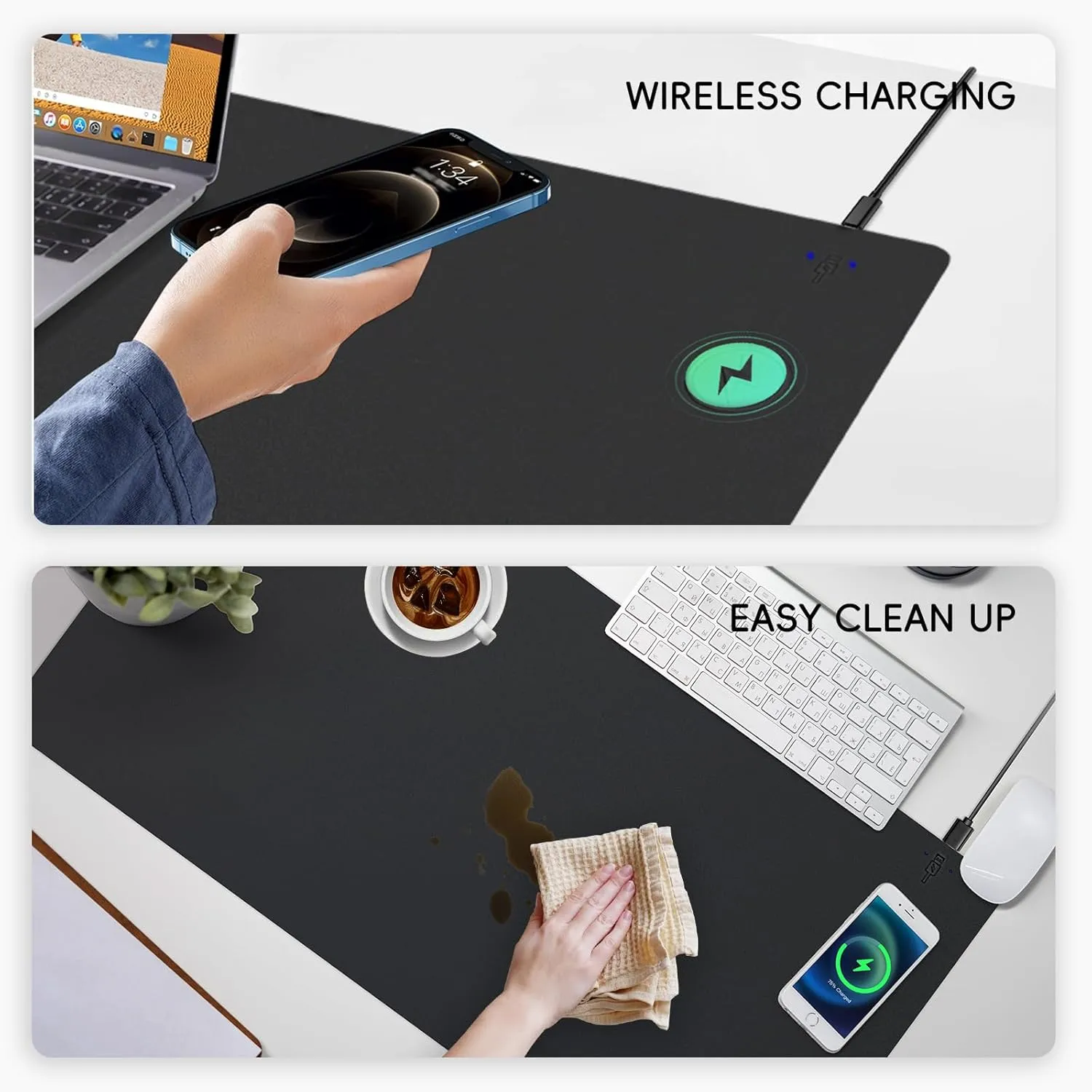 Desk Mat with Wireless Charger, PU Leather Fast Charging Gaming Mouse Pad, Waterproof Anti-Slip Surface, Easy Clean Office Table Mat, 32L x 16W x 0.15H inches, Black(Right Side Charging Port)