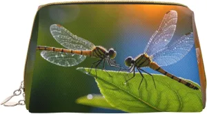 Dewy Dragonflies Print Cute Small Makeup Bag, Leather Cosmetic Bags for Purse Women Gifts Make Up Organizer Travelling