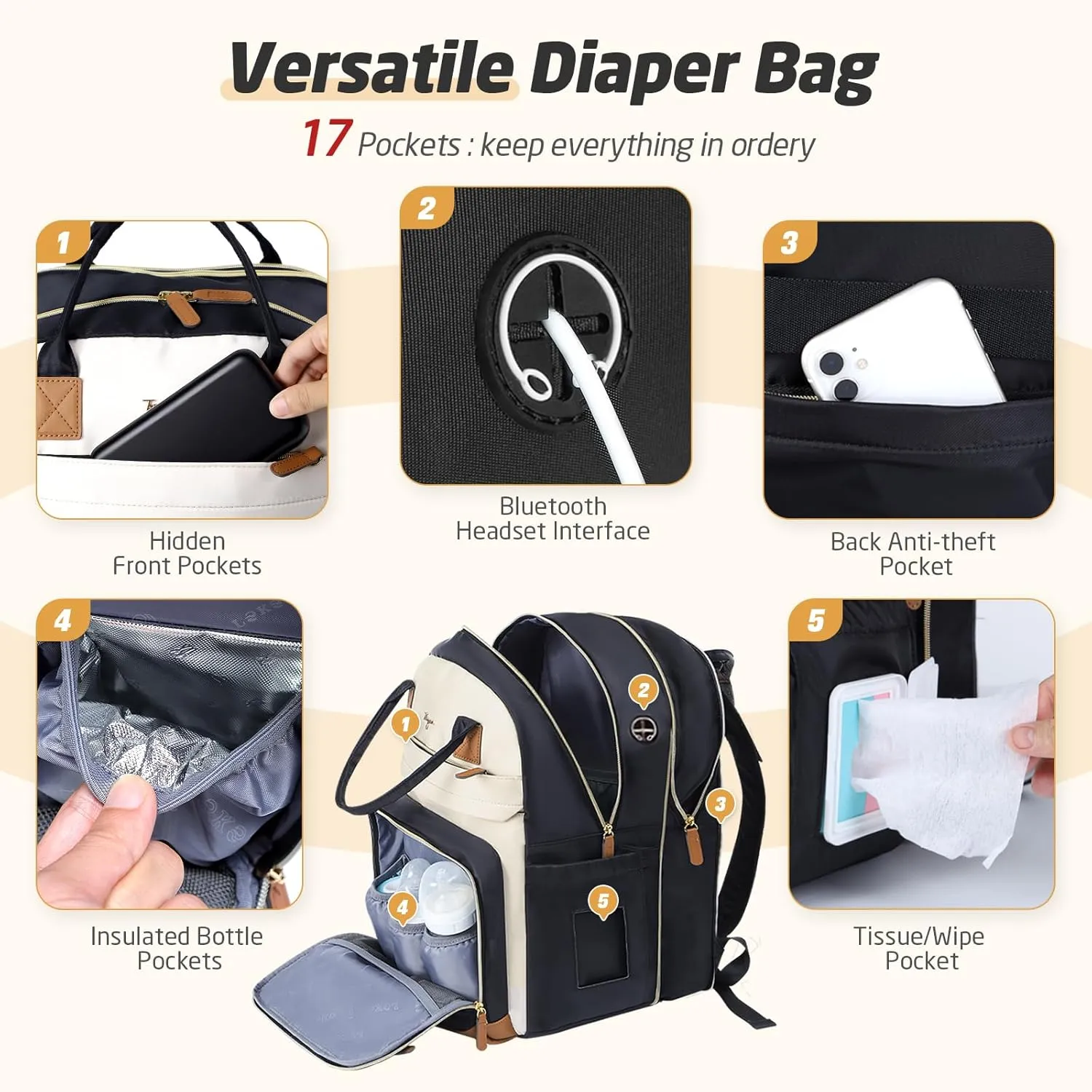 Diaper Bag Backpack - Extra Large Diaper Bag for 2 Kids Twin, Travel Baby Bags for Mom Dad 25-37L Expandable with Changing Pad Earphone Hole, Apricot Black