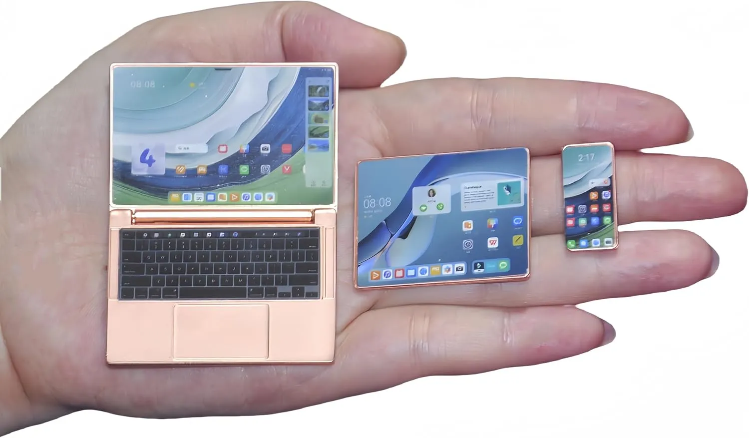 Dollhouse Decoration Miniature Accessories Dollhouse Worlds Smallest Computer Laptop Tablet Phone Simulation Accessories for Doll 1:6 1:12 Miniatures Play Set (Rose Golden)