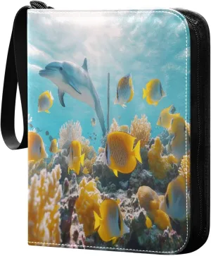 Dolphin Coral Fish Cards Binder 4 Pocket Fits 400 Cards with 50 Removable Sleevesves, Trading Card Collector Zipper Album Holder Portable Card Games Display Storage Cases