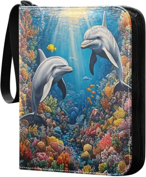 Dolphins and Colorful Coral Reefs Cards Binder 4 Pocket Fits 400 Cards with 50 Removable Sleevesves, Trading Card Collector Zipper Album Holder Portable Card Games Display Storage Cases