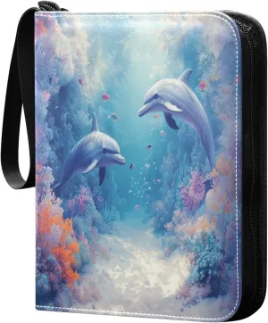Dolphins Coral Reefs Fish Cards Binder 4 Pocket Fits 400 Cards with 50 Removable Sleevesves, Trading Card Collector Zipper Album Holder Portable Card Games Display Storage Cases