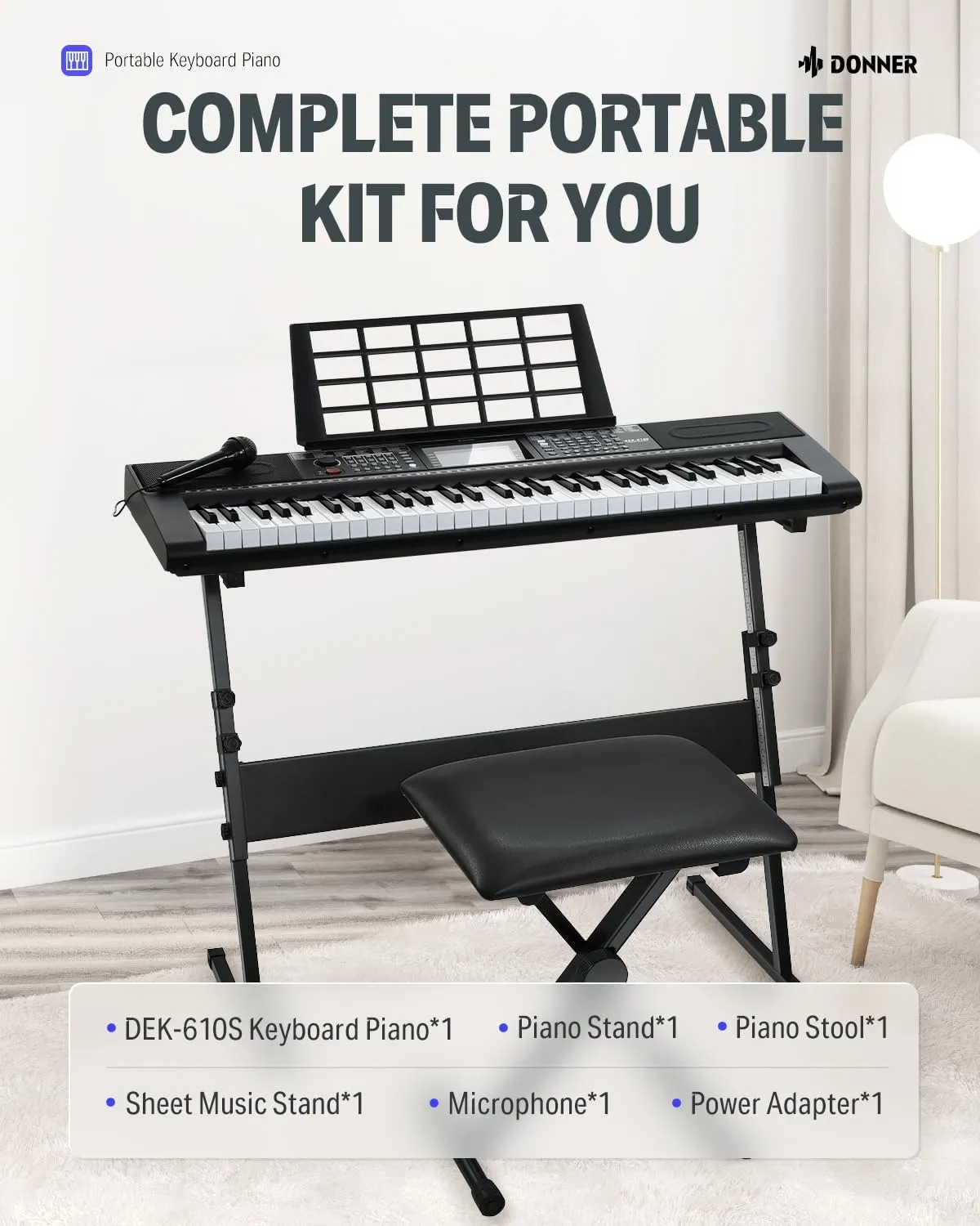 Donner 61 Key Keyboard Piano, Electric Piano Keyboard Kit with 249 Voices, 249 Rhythms - Includes Piano Stand, Stool, Microphone, Gift for Beginners, Black (DEK-610S)