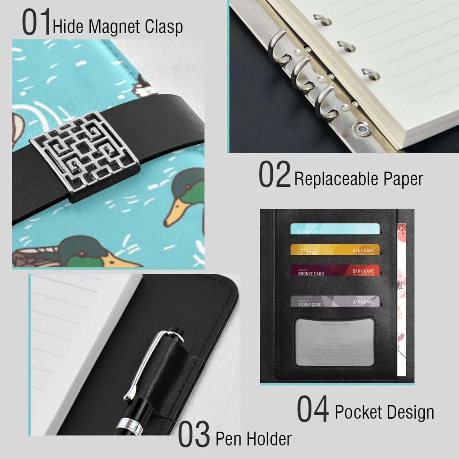 Ducks Swimming Lake A5 Binder 6 Ring Refillable PU Leather Notebook Journal with Magnetic Buckle Closure Loose Leaf Travel Office Planner Budget Binder Notepad Portfolio,