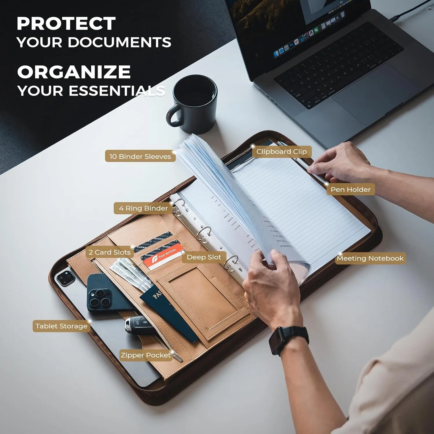 DUGRAFT Leather Portfolio Binder, Padfolio, Resume Portfolio Folder for Men & Women, Personalized Business Portfolio Organizer for Documents, Phone, Tablet, Professional Portfolio Binder