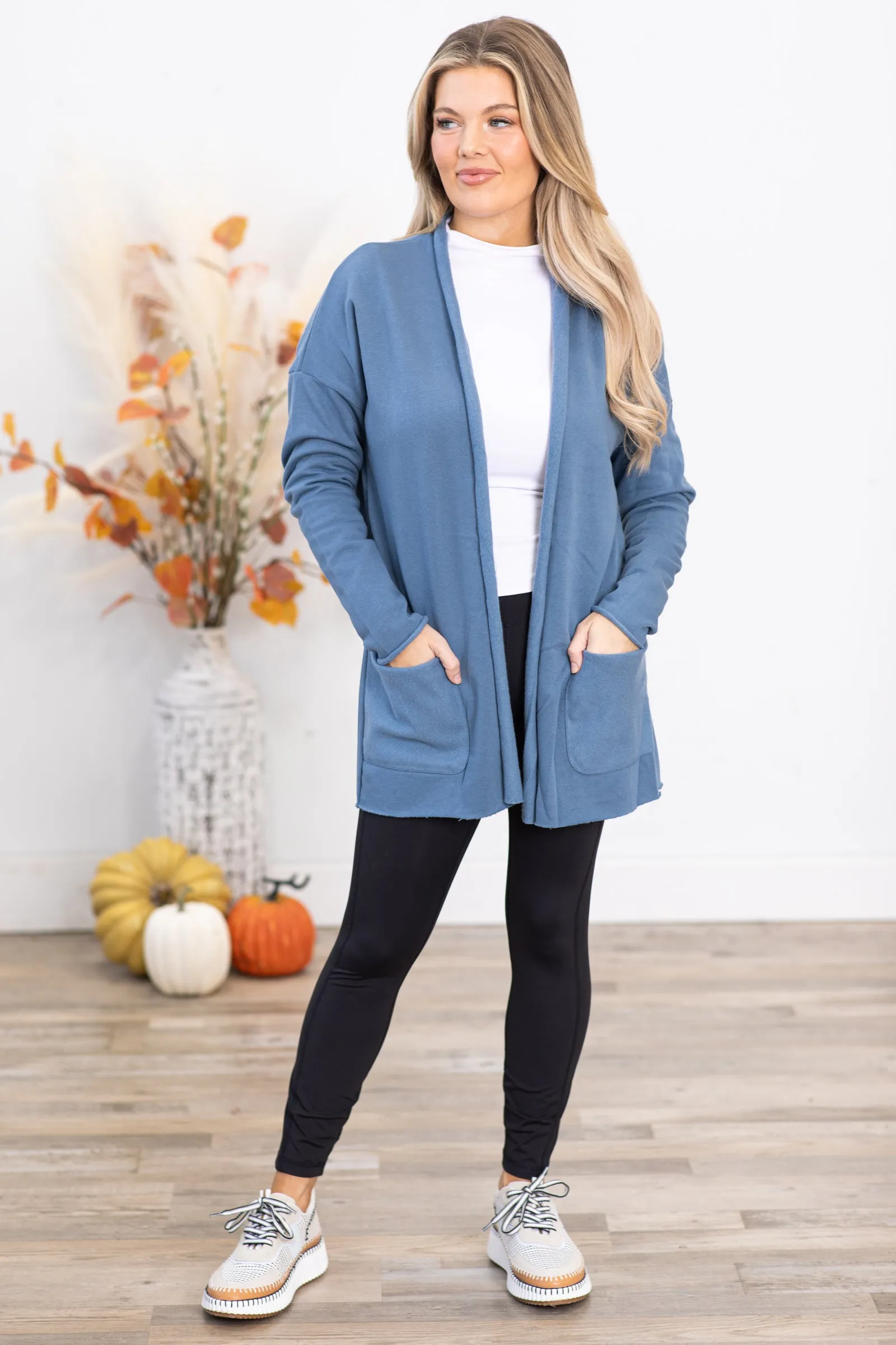 Dusty Blue Soft Knit Cardigan With Pockets