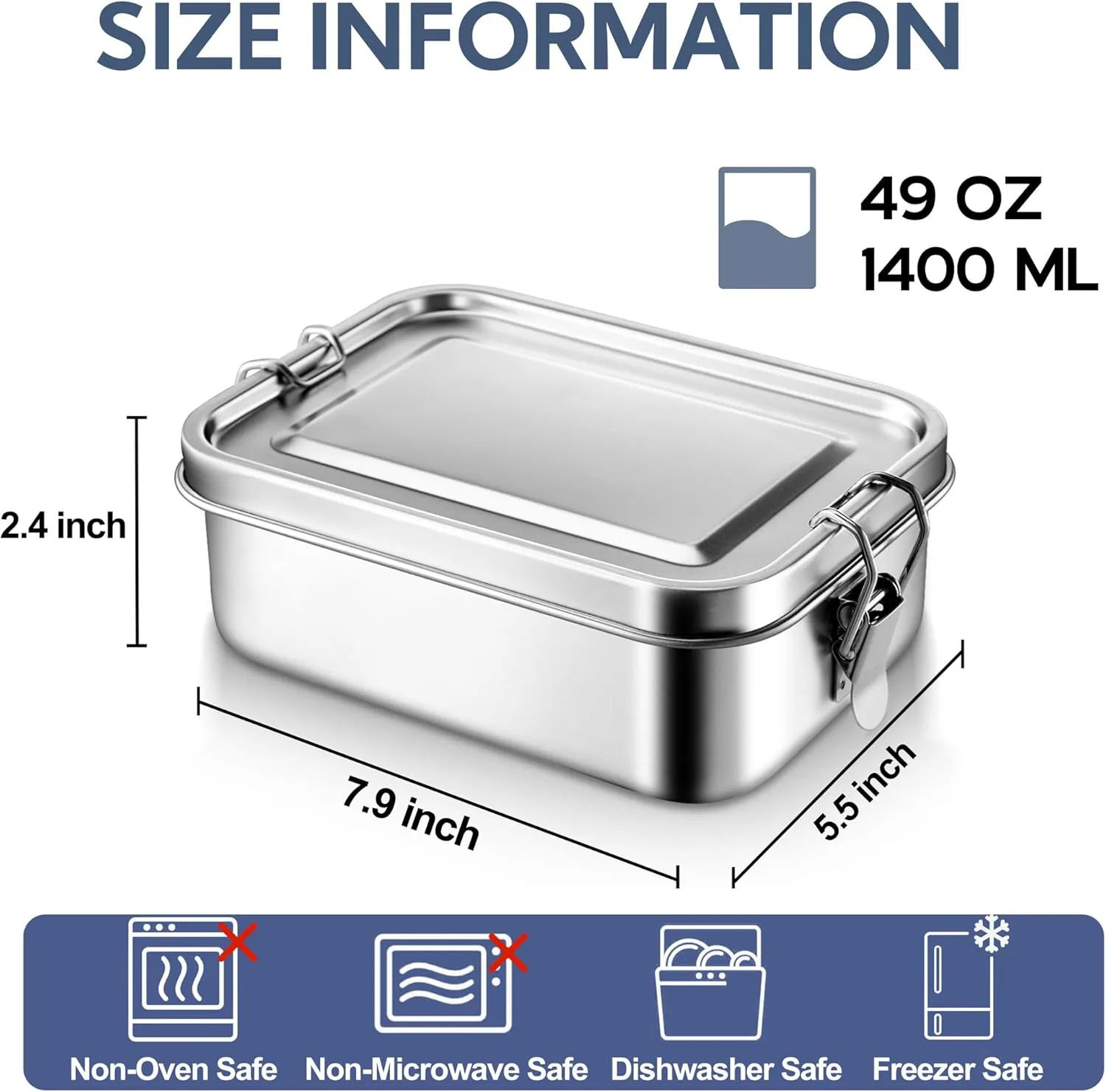 E-far Stainless Steel Bento Box, Large 1400ml Metal Bento Lunch Box Container, 49oz Leak-Proof Lunch Container with Lids and 2 Removable Dividers, Reusable Meal Storage for Camping Picnic Travel Work