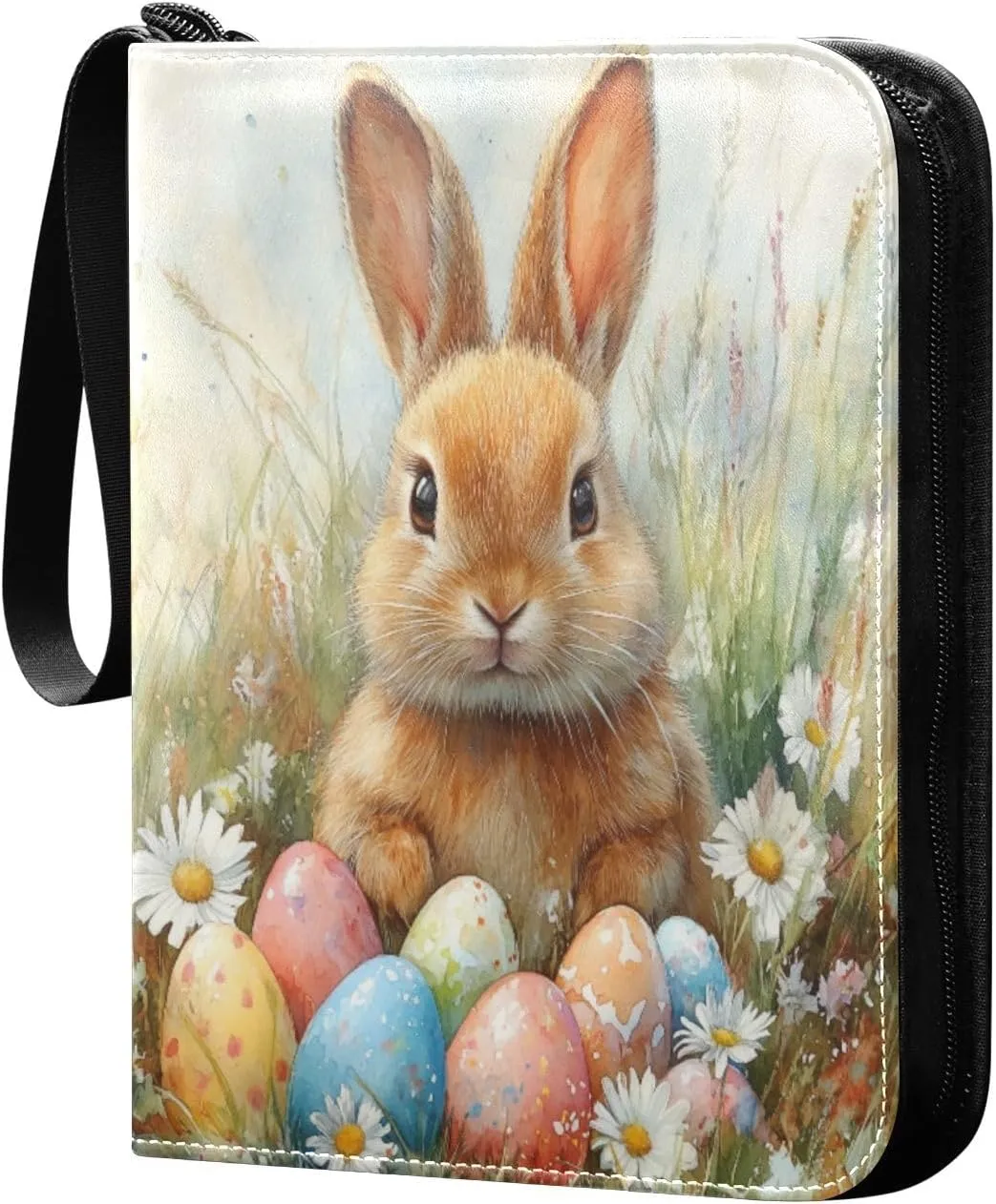 Easter Bunny Daisies and Colorful Eggs Cards Binder 4 Pocket Fits 400 Cards with 50 Removable Sleevesves, Trading Card Collector Zipper Album Holder Portable Card Games Display Storage Cases