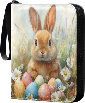 Easter Bunny Daisies and Colorful Eggs Cards Binder 4 Pocket Fits 400 Cards with 50 Removable Sleevesves, Trading Card Collector Zipper Album Holder Portable Card Games Display Storage Cases