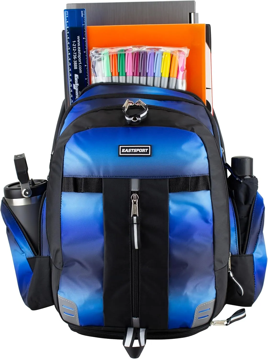 Eastsport Extra Large Backpack Expandable Oversized For Travel Hiking Work Camping Sports Outdoors With Drawstring Bag 18x13.5x9.5 Mochila De Viaje Blue Ombre Black