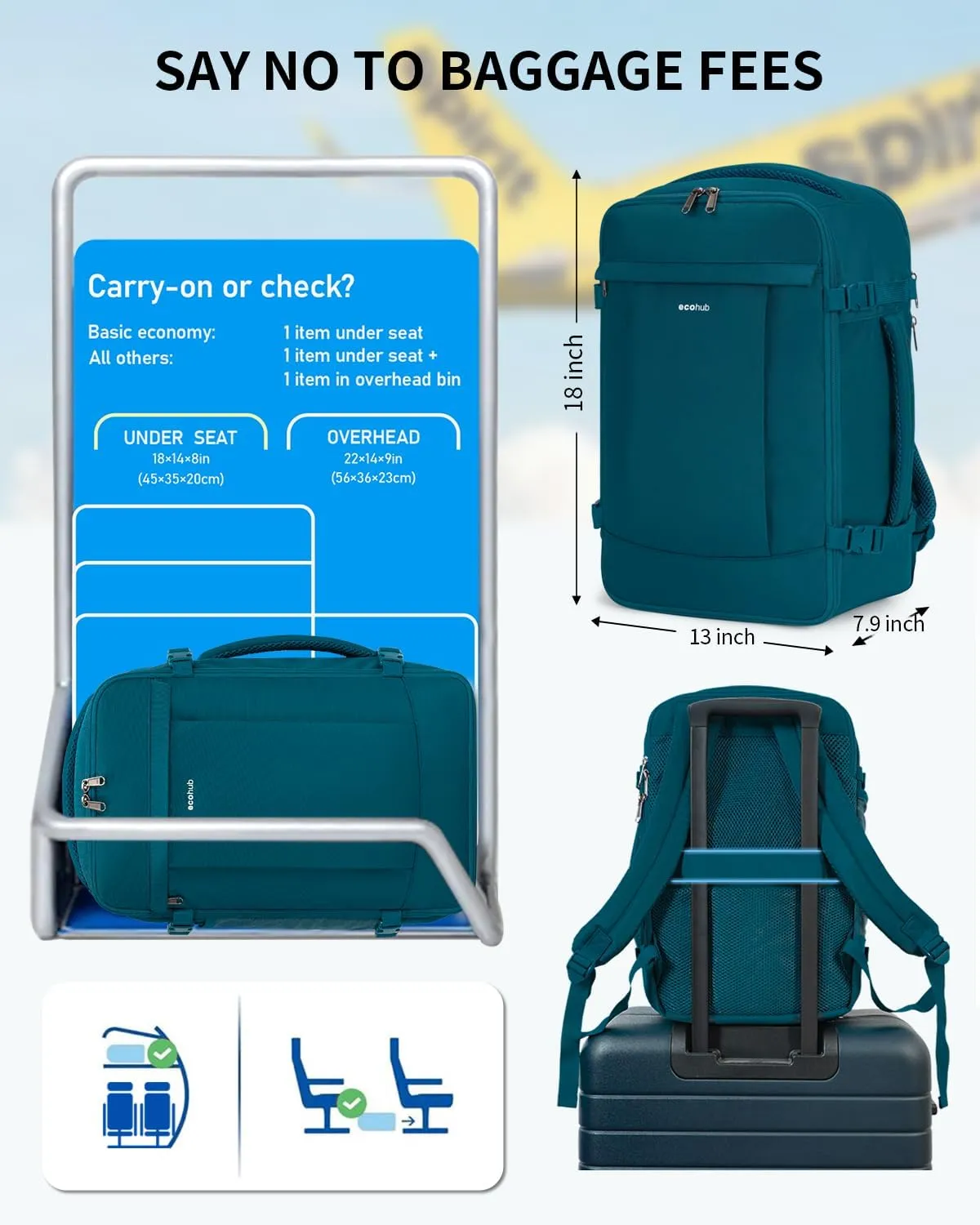 ECOHUB Travel Backpack for Men Women, Carry on Backpack with USB Charging Hole, Spirit Airlines Personal Item Bag Flight Approved, 15.6 Inch Laptop Backpack with Anti Theft Pockets, 30L, Blue Green