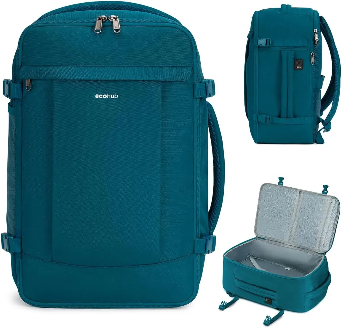 ECOHUB Travel Backpack for Men Women, Carry on Backpack with USB Charging Hole, Spirit Airlines Personal Item Bag Flight Approved, 15.6 Inch Laptop Backpack with Anti Theft Pockets, 30L, Blue Green