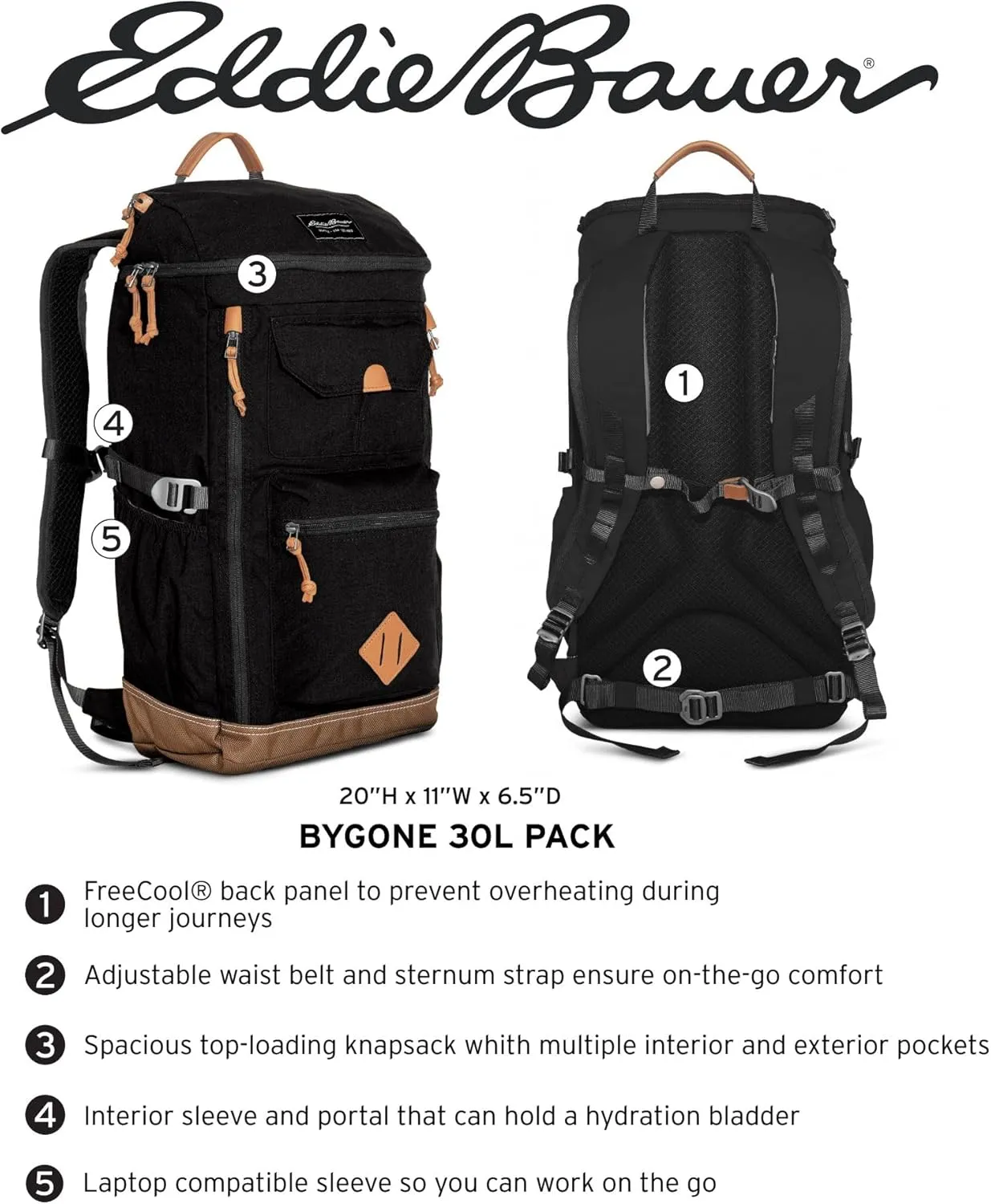 Eddie Bauer Bygone Backpack with Exterior Pockets and Laptop Compatible Sleeve, Light Heather Grey, 30L