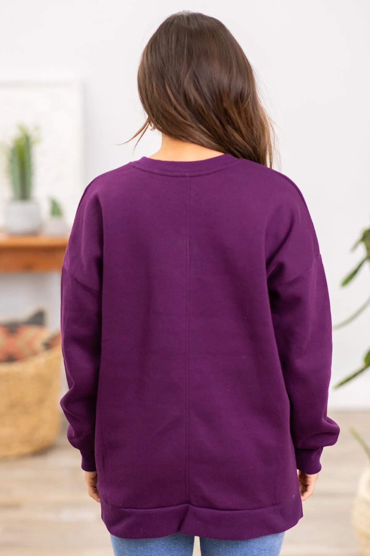 Eggplant Crew Neck Sweatshirt With Pockets