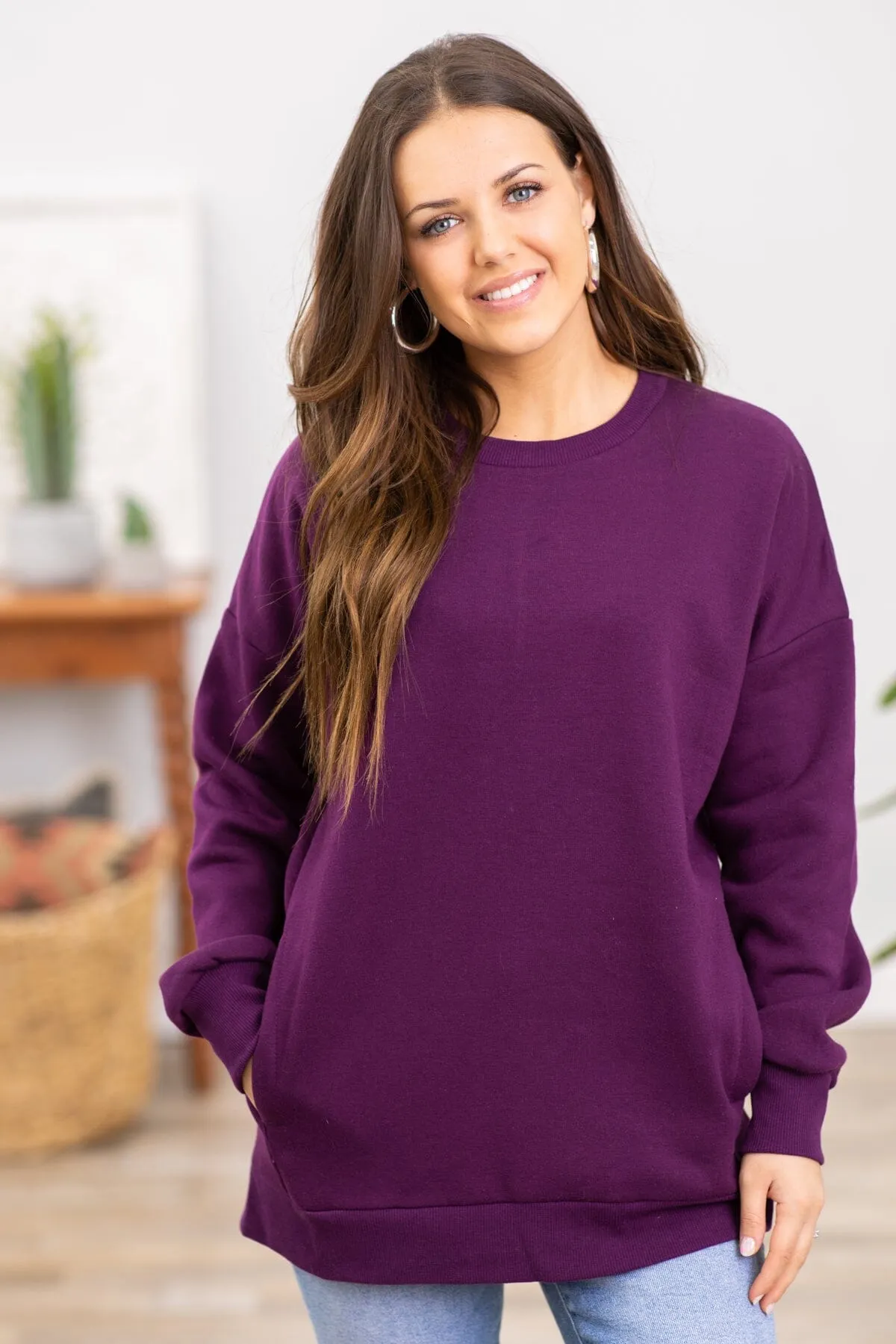 Eggplant Crew Neck Sweatshirt With Pockets