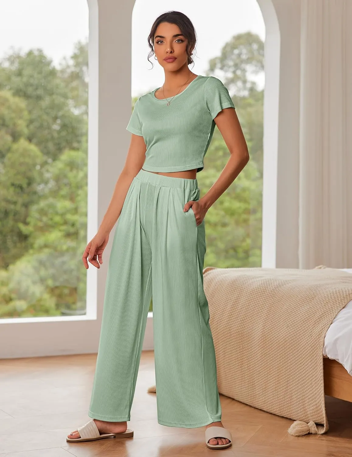 Ekouaer Women's 2 Piece Lounge Sets Short Sleeve Pajama Set Ribbed Knit Crop Top Wide Leg Pants Loungewear S-XXL