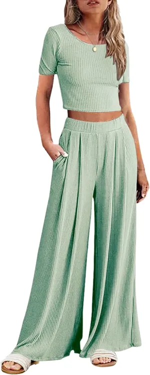 Ekouaer Women's 2 Piece Lounge Sets Short Sleeve Pajama Set Ribbed Knit Crop Top Wide Leg Pants Loungewear S-XXL