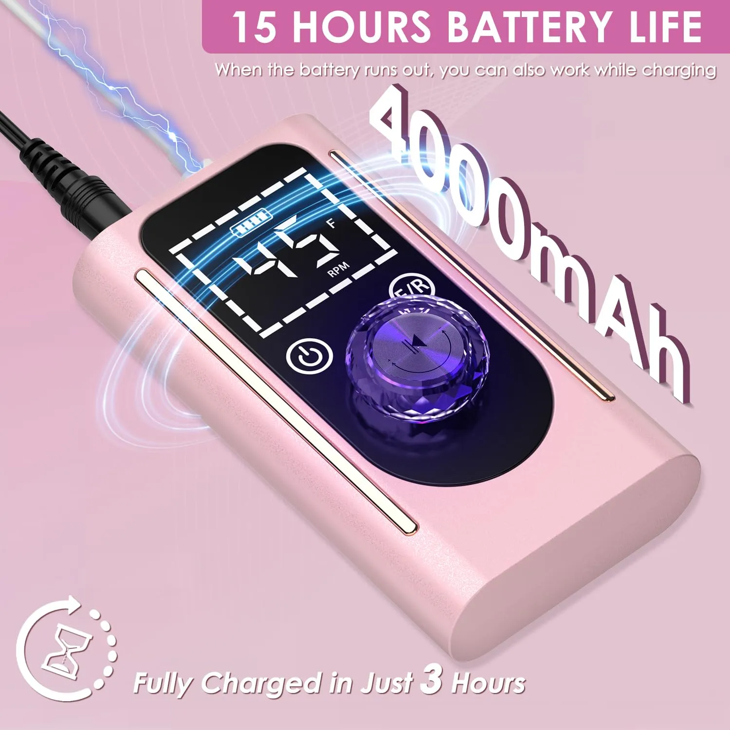 Electric Nail Drill 45000 RPM, Professional Rechargeable Nail File Kit, Portable Nail Drill Machine, Acrylic Nail Kit, Touch Screen Control, for Any Manicure, Pedicure, Pink