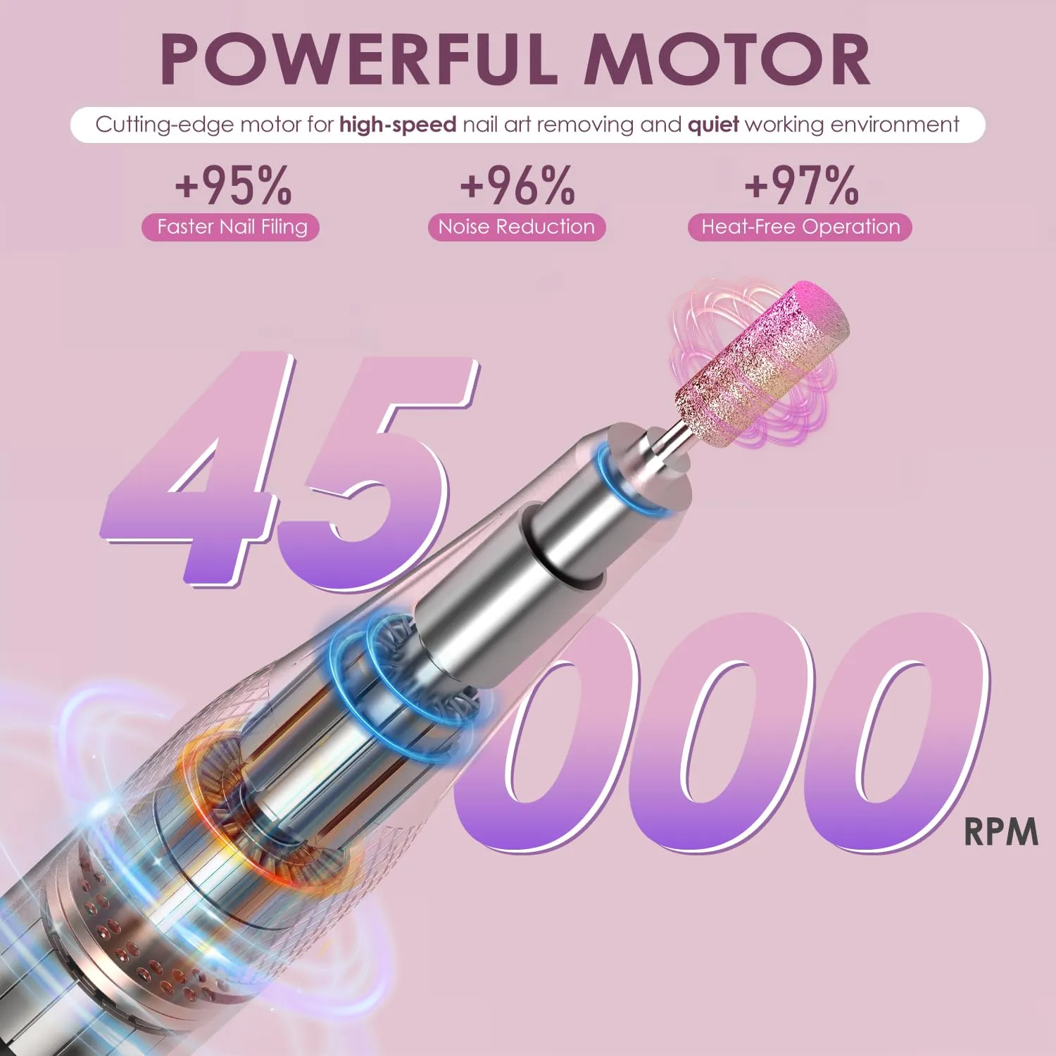 Electric Nail Drill 45000 RPM, Professional Rechargeable Nail File Kit, Portable Nail Drill Machine, Acrylic Nail Kit, Touch Screen Control, for Any Manicure, Pedicure, Pink