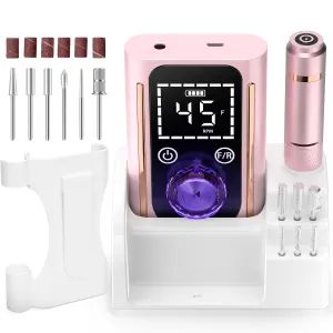 Electric Nail Drill 45000 RPM, Professional Rechargeable Nail File Kit, Portable Nail Drill Machine, Acrylic Nail Kit, Touch Screen Control, for Any Manicure, Pedicure, Pink