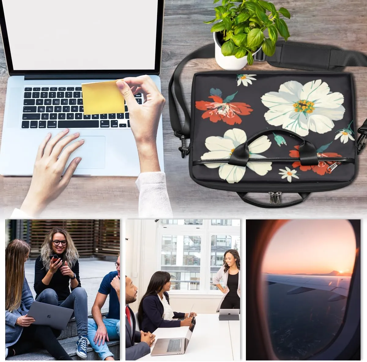 Elegant Flower Laptop Bag for Women Men 13-15 Inch Computer Briefcase Bag Lightweight Notebook Shoulder Messenger Bag