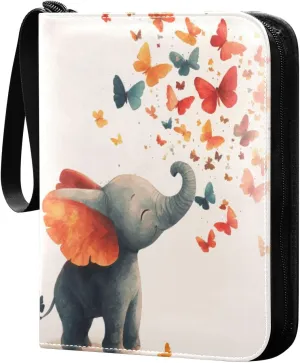 Elephant Spraying Colorful Butterflies Cards Binder 4 Pocket Fits 400 Cards with 50 Removable Sleevesves, Trading Card Collector Zipper Album Holder Portable Card Games Display Storage Cases
