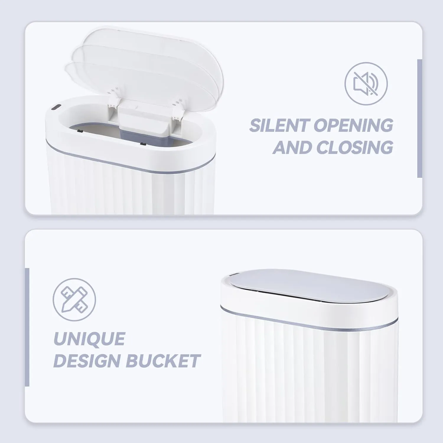 ELPHECO Bathroom Motion Sensor Trash can 2 Gallon Automatic Garbage Can, Slim Plastic Smart Trash Can with Lid, Commercial Intelligent Trash Bin for Bedroom, Bathroom, Office, White with Grey Trim