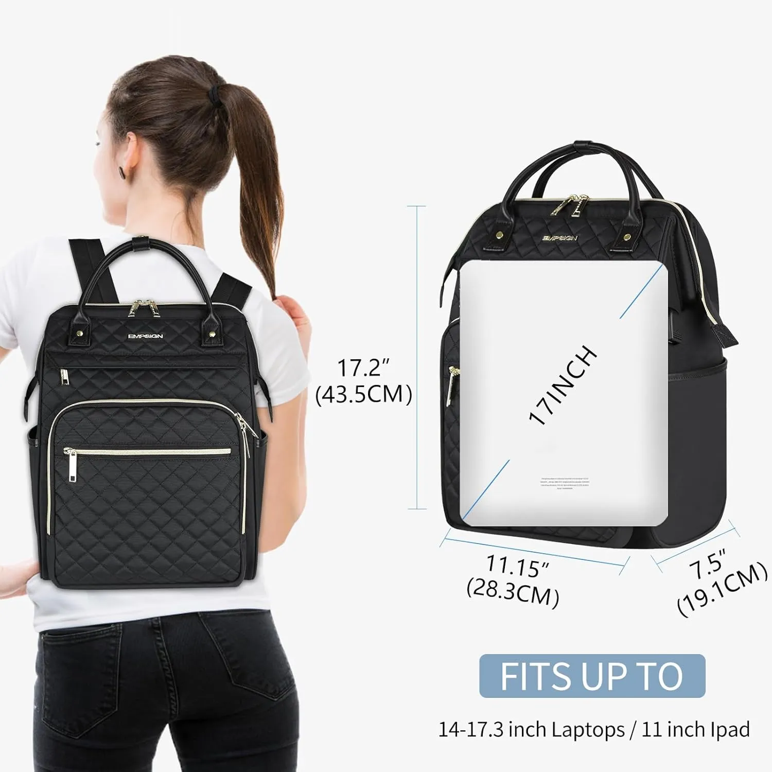 EMPSIGN 17 Inch Laptop Backpack for Women, Work Business Travel Computer College Bags, Large Capacity Water-repellent Quilted Casual Daypack with USB Port, Black