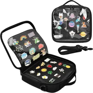 Enamel Pin Display Book - Small Collection Travel pin Trading Book, Brooch Enthusiast Collection Bag, Lapel pin Display Board with Protective Film, Handle and Shoulder Strap, 6 Pages, Black