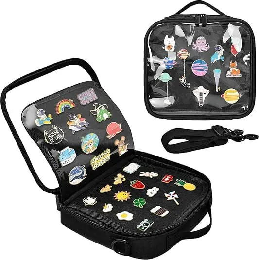 Enamel Pin Display Book - Small Collection Travel pin Trading Book, Brooch Enthusiast Collection Bag, Lapel pin Display Board with Protective Film, Handle and Shoulder Strap, 6 Pages, Black
