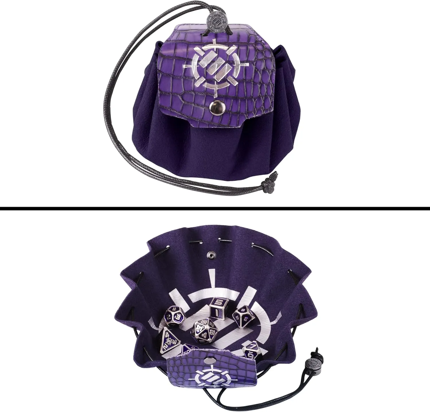 ENHANCE DND Metal Dice Set - 7pc Polyhedral Dice with 2-in-1 Vegan Leather Bag and Tray, Solid Metal Set for Dungeons and Dragons, Pathfinder, More RPGs (Collector's Edition Purple)