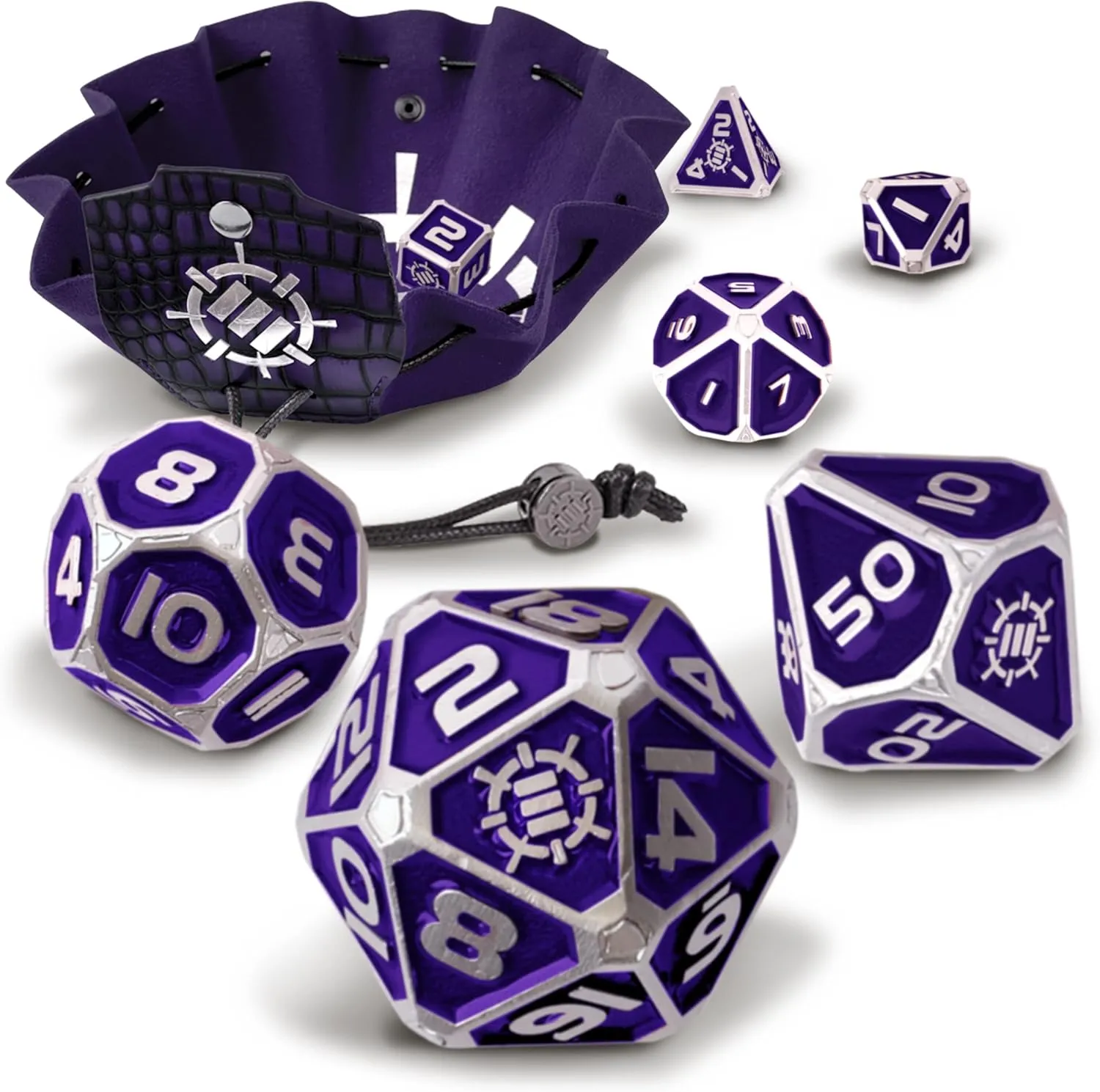 ENHANCE DND Metal Dice Set - 7pc Polyhedral Dice with 2-in-1 Vegan Leather Bag and Tray, Solid Metal Set for Dungeons and Dragons, Pathfinder, More RPGs (Collector's Edition Purple)