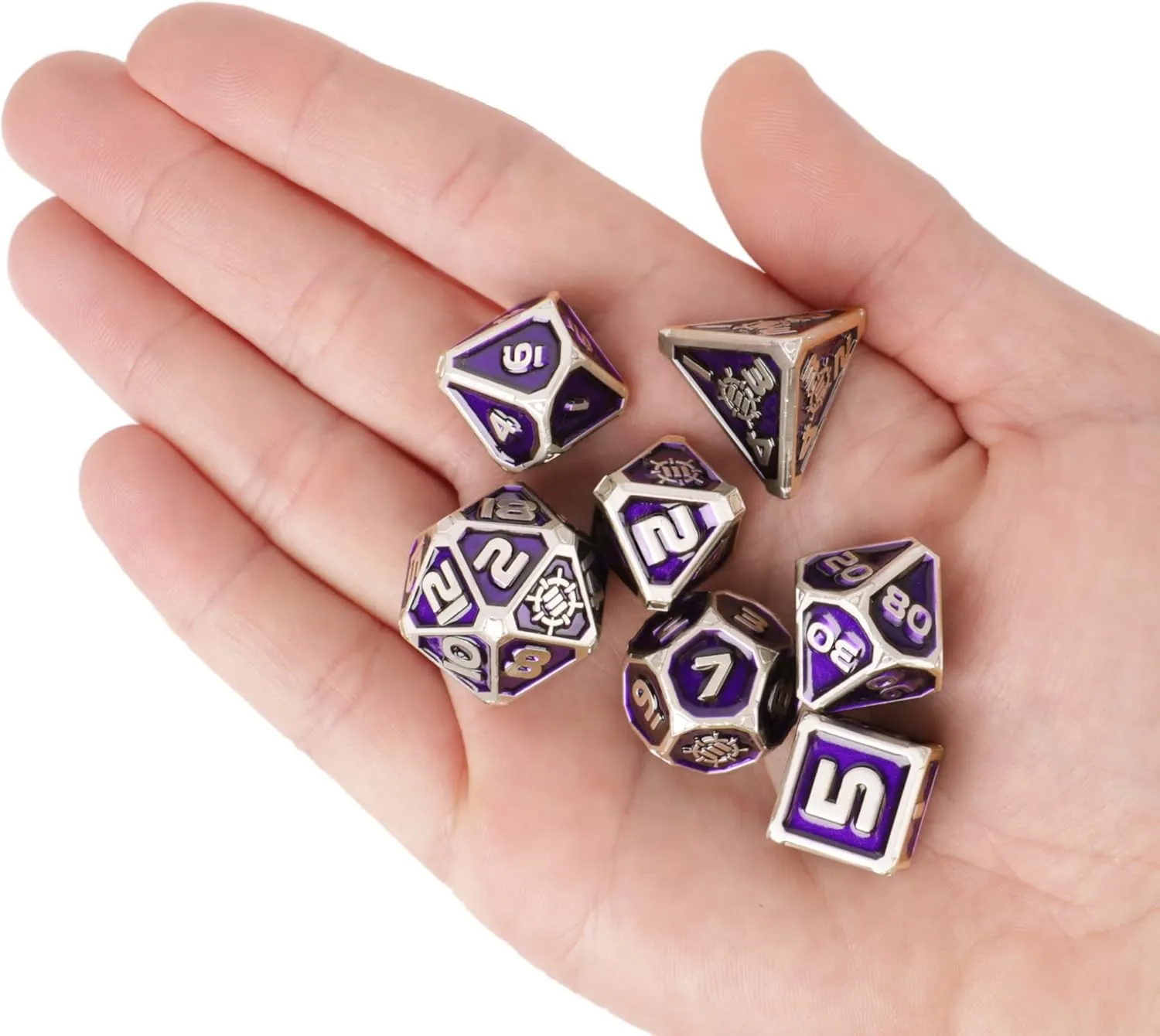ENHANCE DND Metal Dice Set - 7pc Polyhedral Dice with 2-in-1 Vegan Leather Bag and Tray, Solid Metal Set for Dungeons and Dragons, Pathfinder, More RPGs (Collector's Edition Purple)