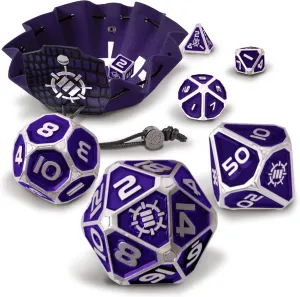 ENHANCE DND Metal Dice Set - 7pc Polyhedral Dice with 2-in-1 Vegan Leather Bag and Tray, Solid Metal Set for Dungeons and Dragons, Pathfinder, More RPGs (Collector's Edition Purple)