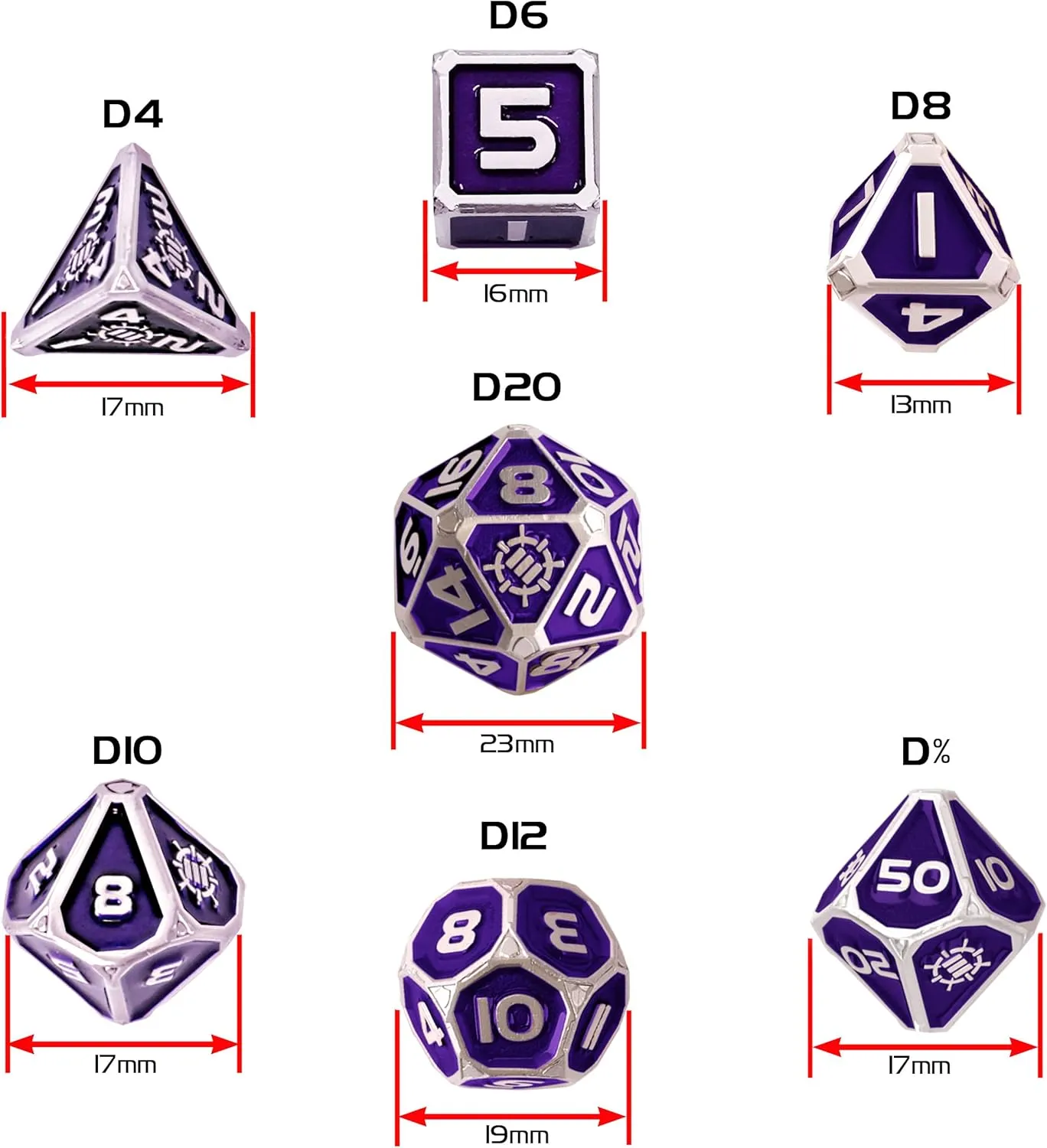 ENHANCE DND Metal Dice Set - 7pc Polyhedral Dice with 2-in-1 Vegan Leather Bag and Tray, Solid Metal Set for Dungeons and Dragons, Pathfinder, More RPGs (Collector's Edition Purple)